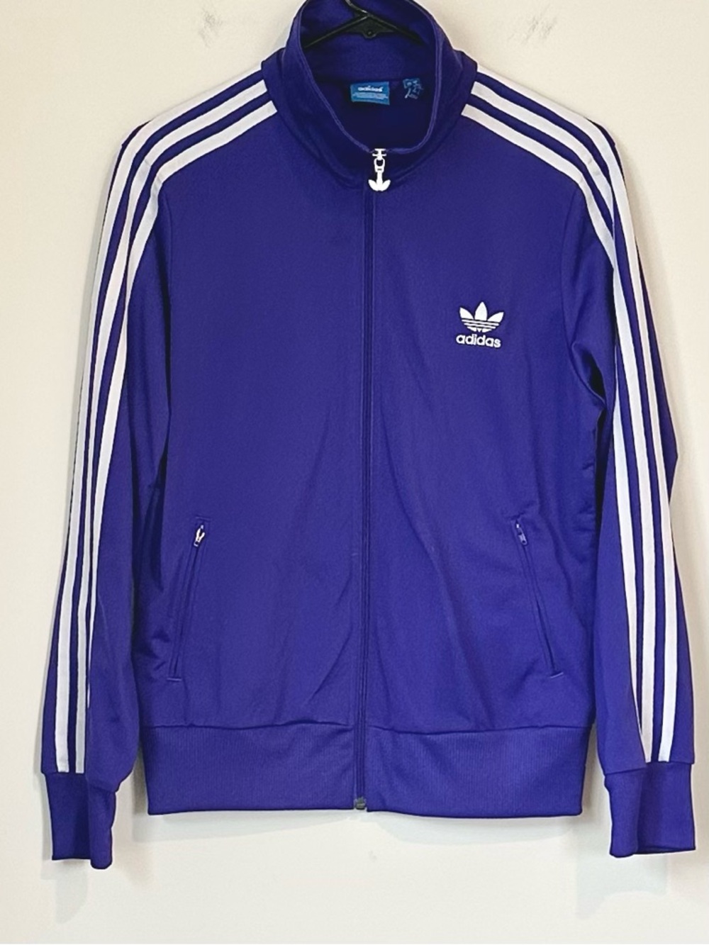 adidas Originals Purple Track Jacket with White Trefoil Zipper and Large Logo L